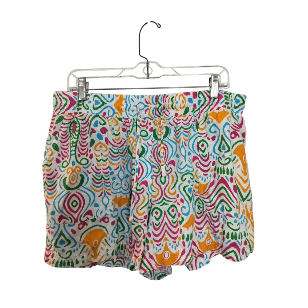 5428) Calligraphie Multicolor Whimsy Geo Print Linen Blend Pullon Shorts Large